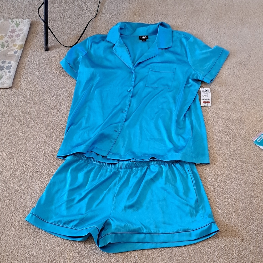 INC Women's Short Sleeve Satin Pajama Set in Teal L